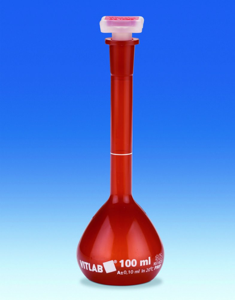 Volumetric flasks VITLAB® UV-protect, PMP, Class A with NS stoppers, PP | Nominal capacity: 50 ml