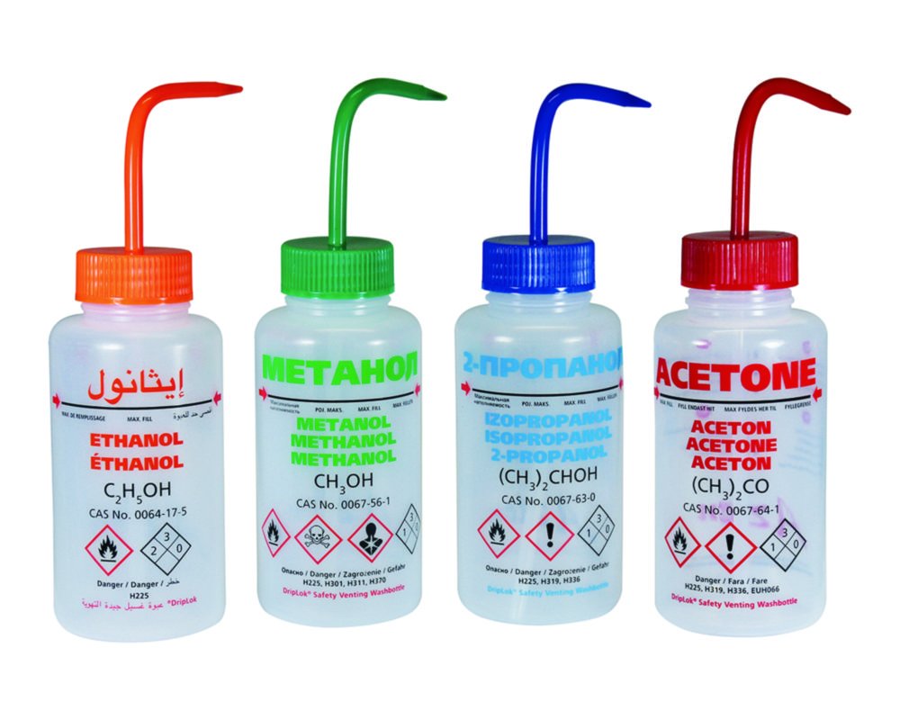 LLG-Sicherheitsspritzflaschen, mit Überdruckventil, LDPE | Aufdruck Text: Ethanol