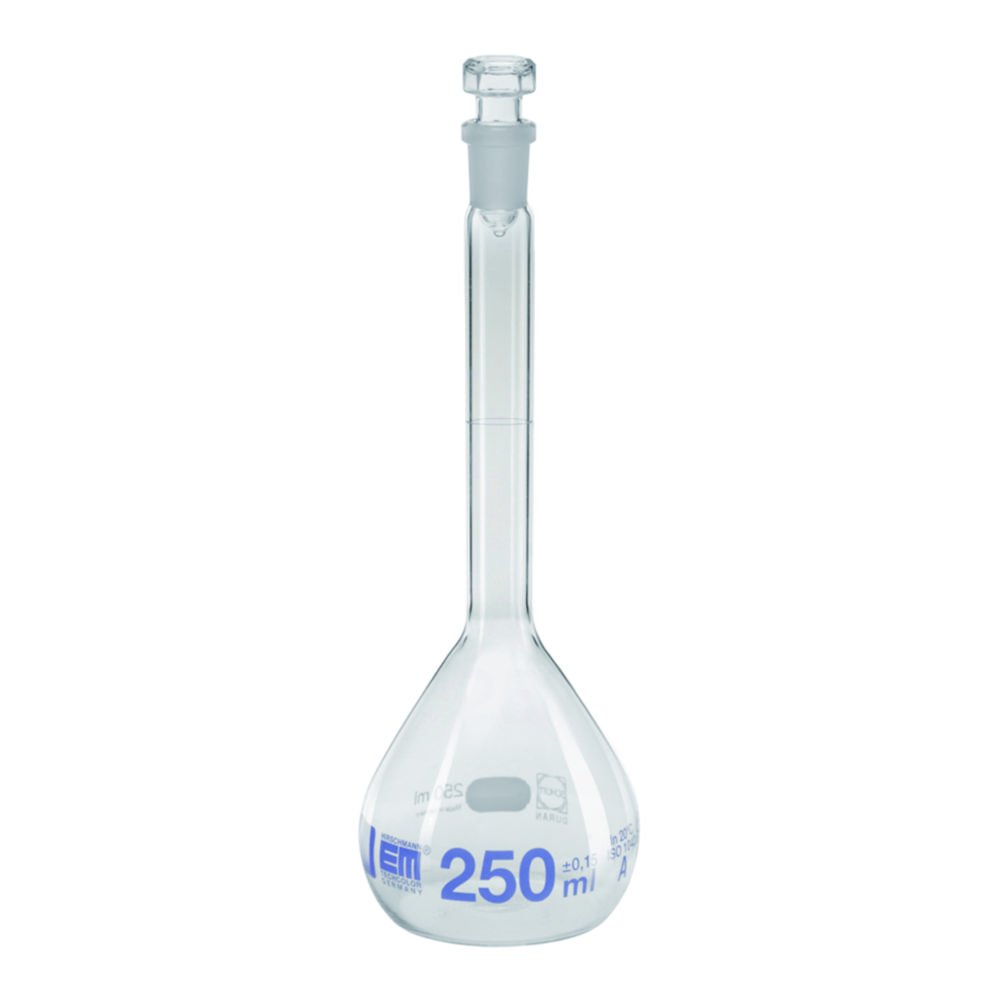 Fiole jaugée, en verre DURAN®, classe A, graduations bleues, avec bouchon en verre | Volume nominal: 500 ml