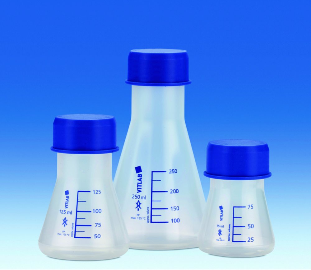 Erlenmeyer flasks, wide mouth, GL 45, PP, with blue screw neck
