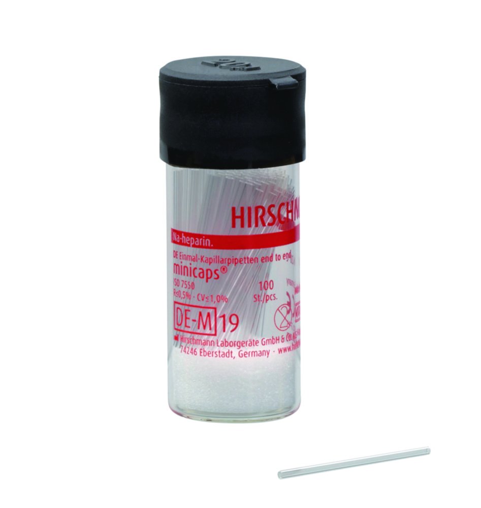 Disposable micro capillary pipettes, DURAN®, minicaps® end-to-end, Na-hep | Nominal capacity: 5 µl