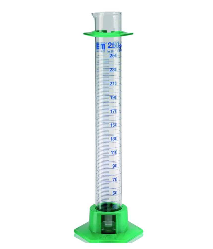 Measuring cylinder with plastic socket, DURAN®, class A, blue graduation