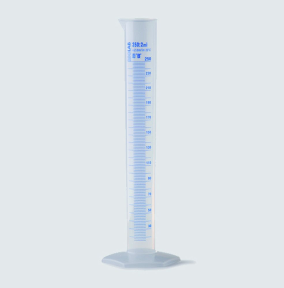 Measuring cylinders, PP, tall form, class B, blue graduated | Nominal capacity: 25 ml