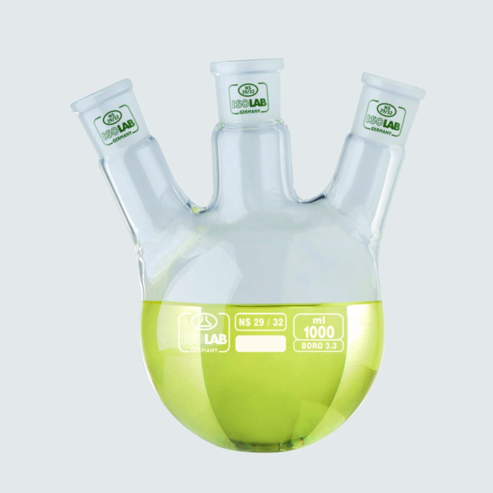Round bottom flasks with three necks, NS joints, angled side arms, borosilicate glass 3.3 | Nominal capacity: 250 ml