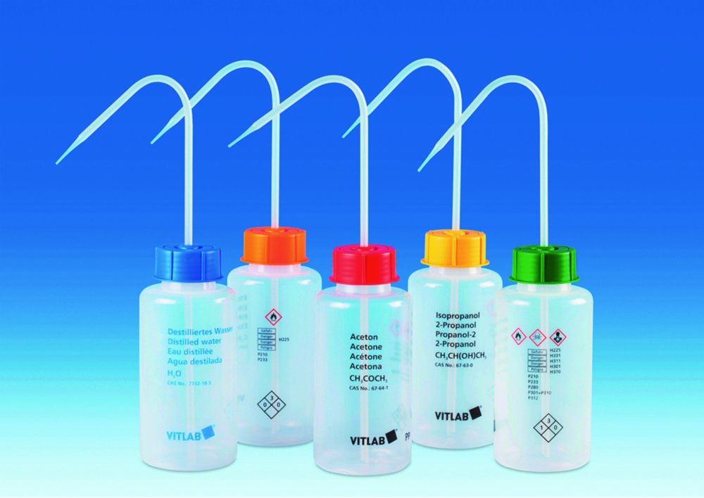 Sicherheitsspritzflaschen VITsafe™ mit Aufdruck, Weithals, PP/LDPE | Aufdruck Text: Ethylacetat