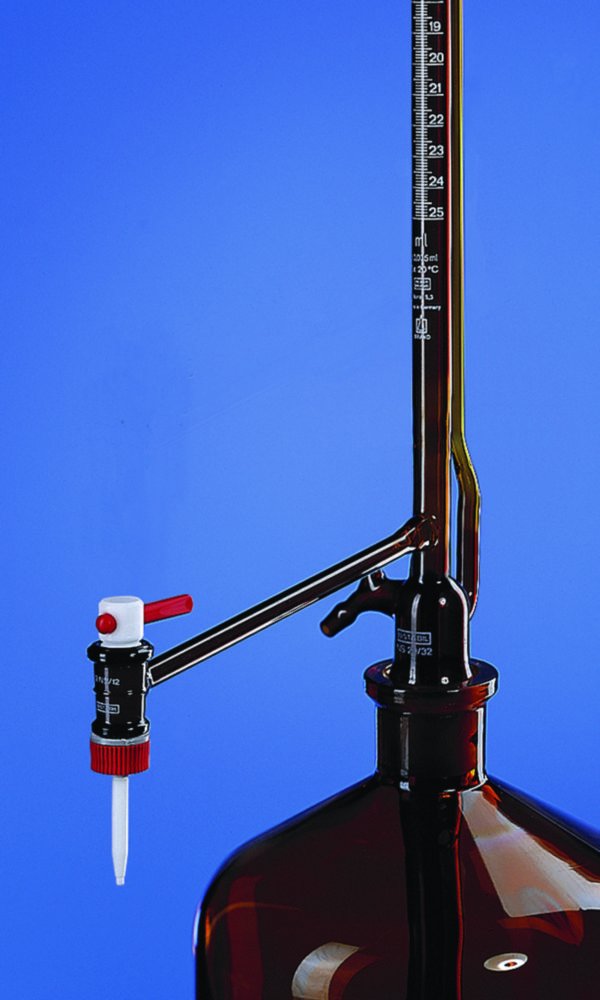 Burette automatique de Pellet, en verre borosilicaté brun 3.3, classe B, sans robinet intermédiaire