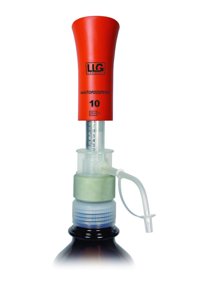 Bottletop dispenser LLG-uniTOPDISPENS with glass piston and clear glass cylinder
