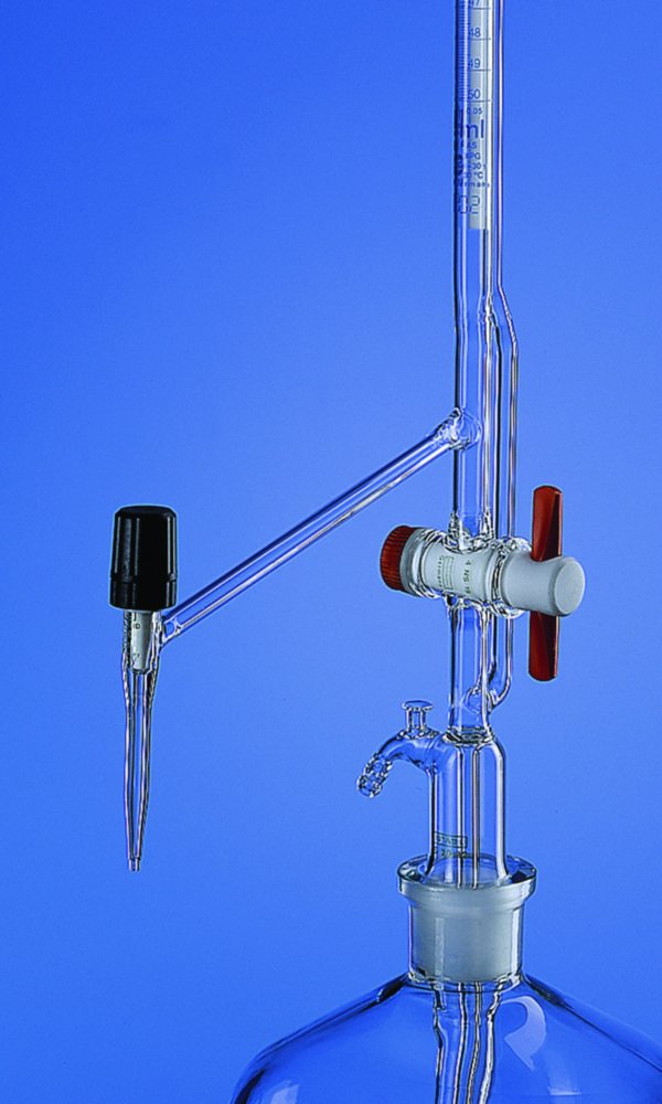 Burette automatique de Pellet, en verre boro 3.3, avec robinet intermédiaire, classe AS, sans flacon