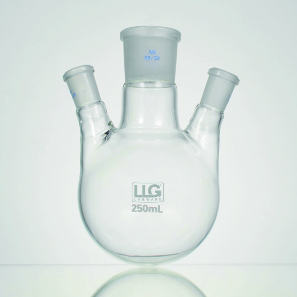 LLG-Three-neck round bottom flasks with standard ground joint, borosilicate glass 3.3, angled side necks