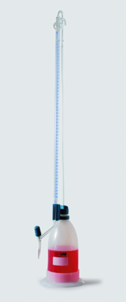 Burette automatique de Schilling, en verre borosilicaté 3.3/LDPE | Description: verre clair, Schellbach, graduations bleues