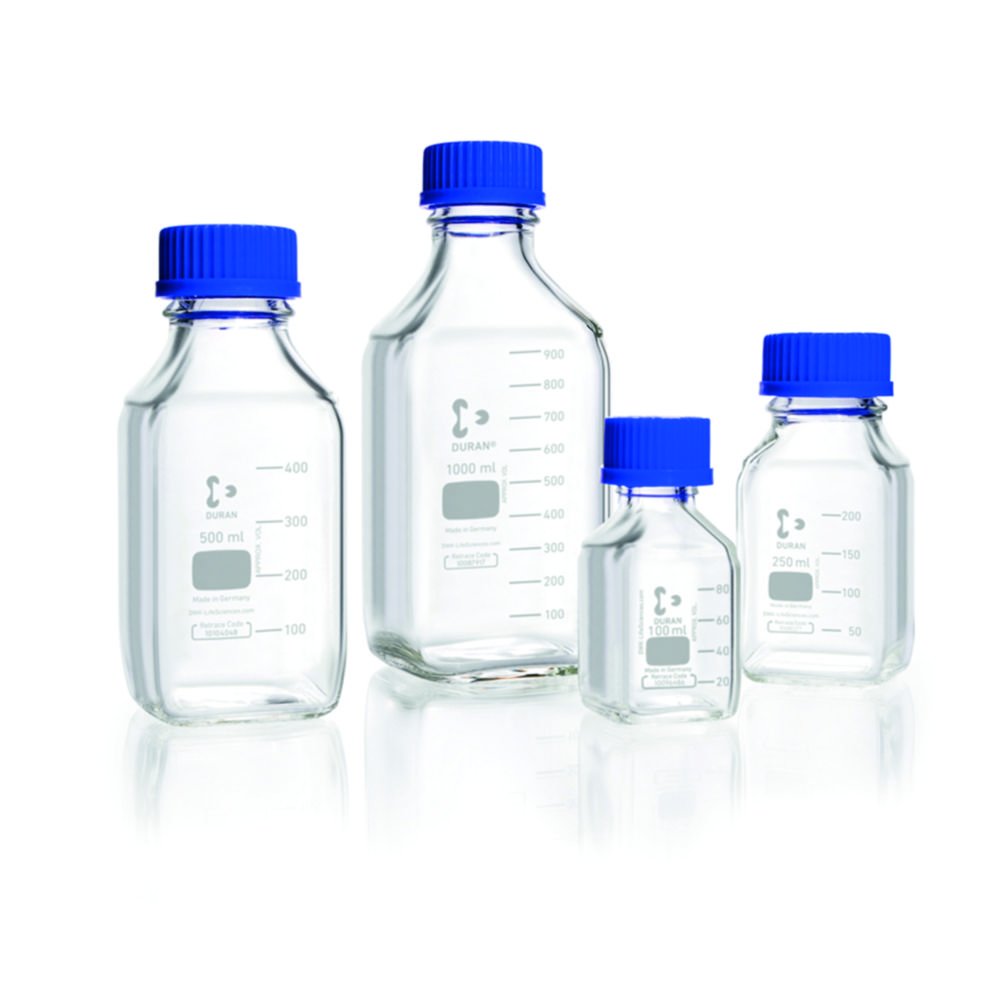 Square shape laboratory bottles, DURAN®, with retrace code | Nominal capacity: 100 ml