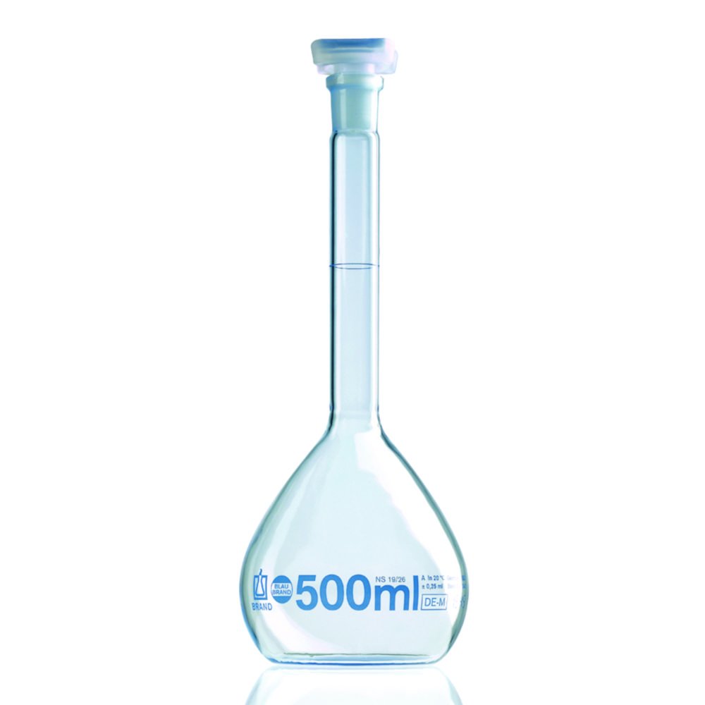 Fiole jaugée, verre borosilicate 3.3, classe A, graduée en bleu, avec certificat DAkkS