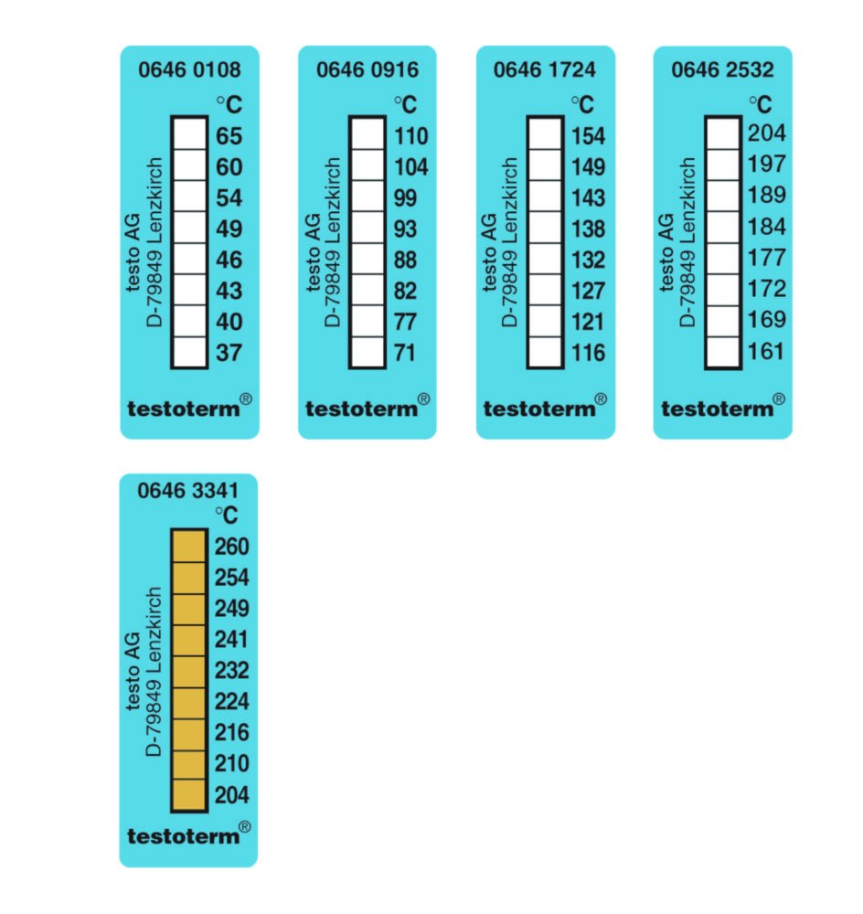 8-step irreversible temperature strips testoterm® | Measuring range °C: 204 ... 260