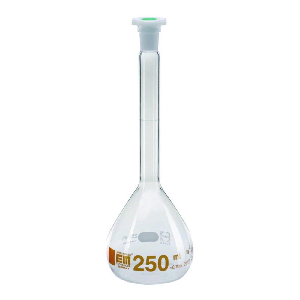Volumetric flasks, DURAN®, class A, amber stain graduation, with PE stoppers | Nominal capacity: 50 ml